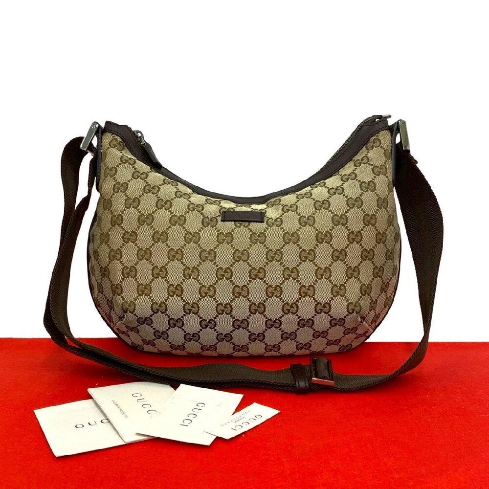 GUCCI GG canvas leather shoulder bag Clutch sacoche crossbody brown